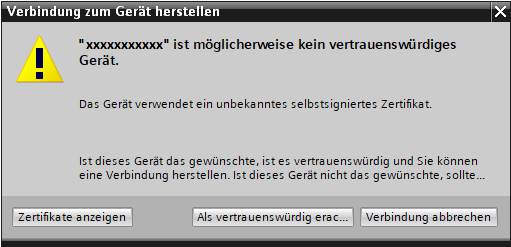 Meldung, dass das Gerät ein unbekanntes Zertifikat verwendet.