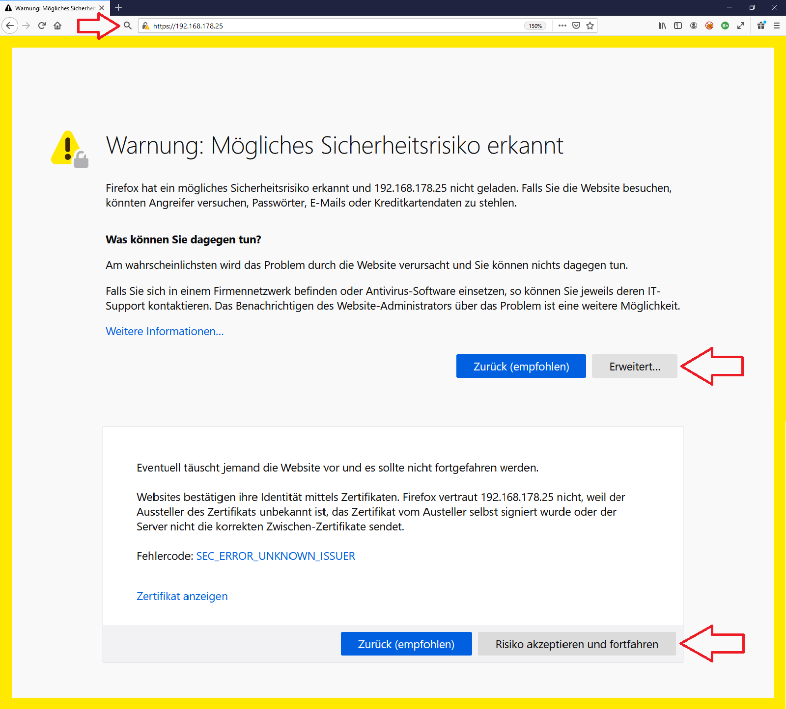Warnung des Browsers (hier: Firefox)