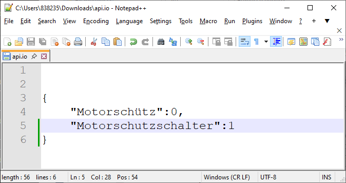 Heruntergeladene Datei api.io im Editor