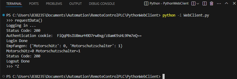 Programmstart von WebClient.py in der Python Shell vom Terminalfenster von Visual Studio Code