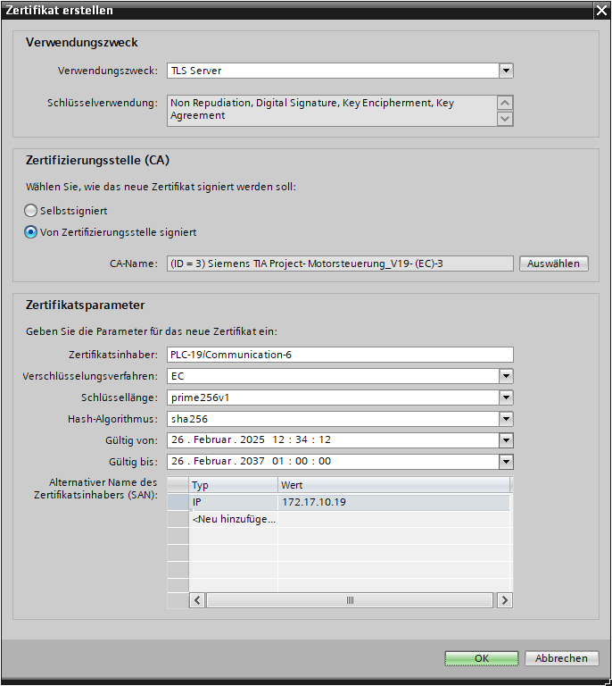 Zertifikat für die Kommunikation mit dem TIA-Portal erzeugen