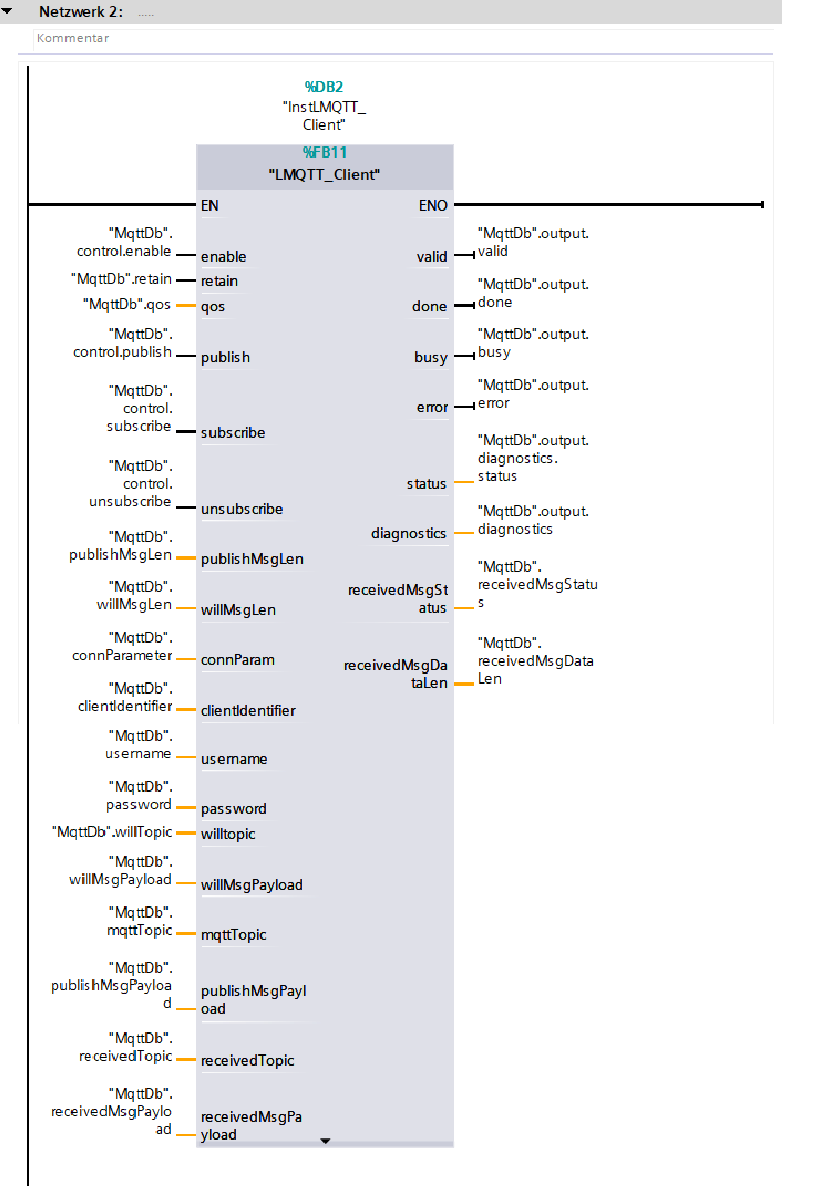 Verschaltung der Variablen des DB "MqttDb" am
FB "MQTT_Client"