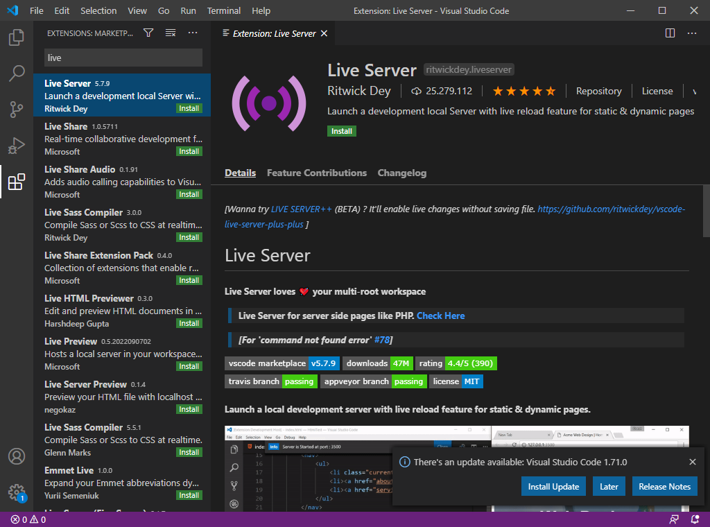 Installation des Live Server Plugin von Visual Studio Code