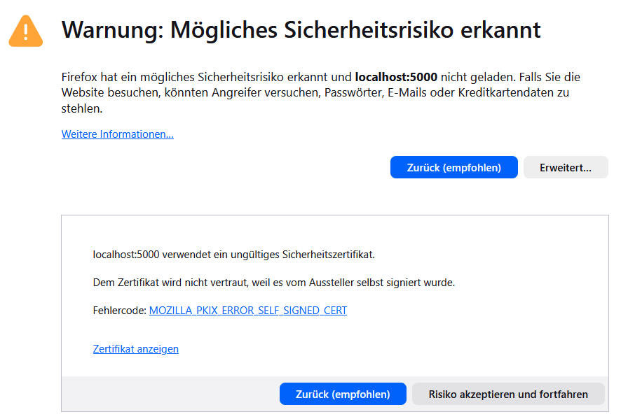 Unsichere lokale Webseite mit dem Firefox-Browser öffnen