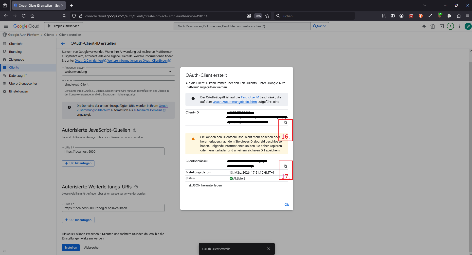 Kopieren von Client-ID und Clientschlüssel