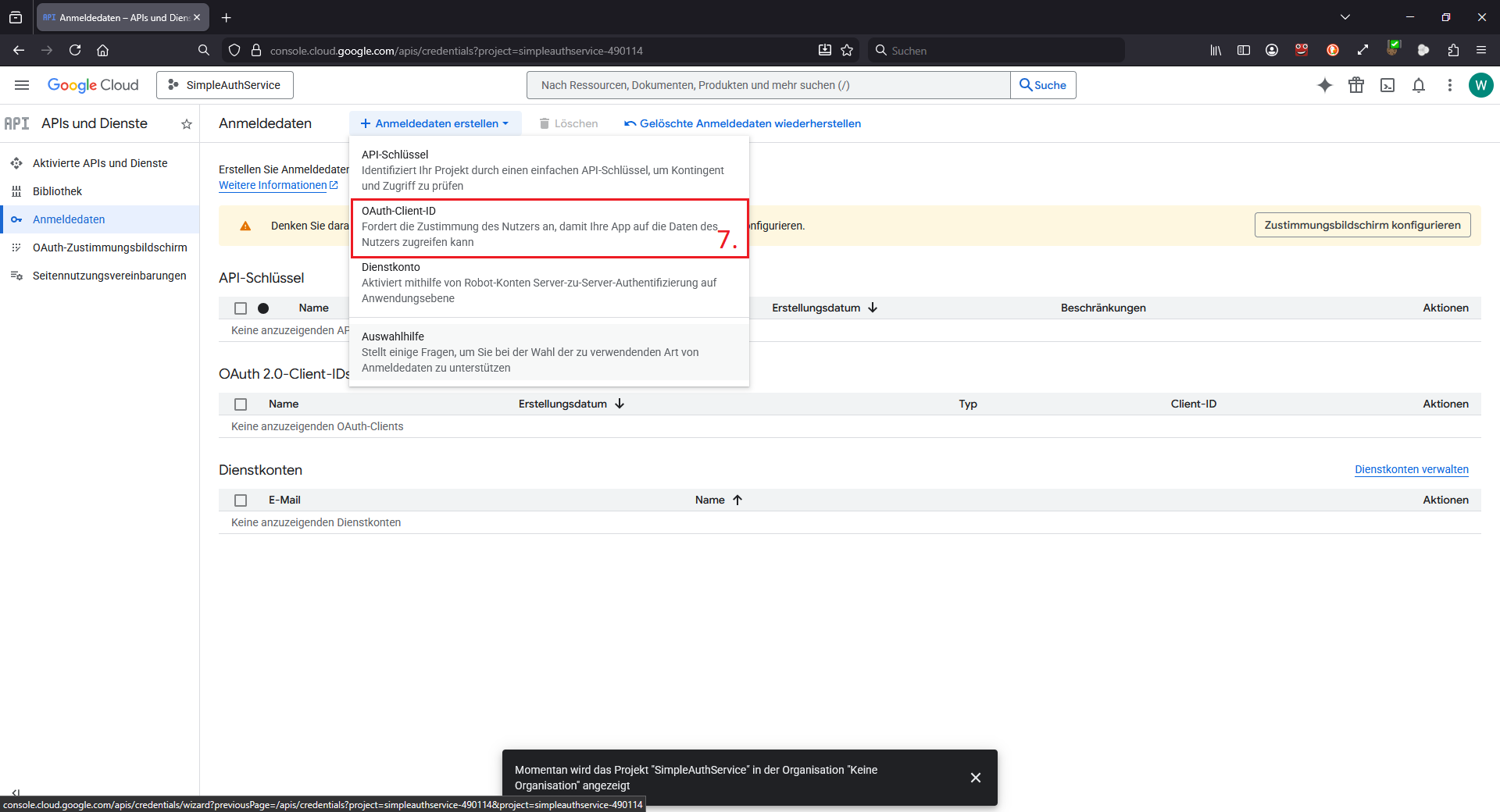 Mit der Erstellung der OAuth-ClientID beginnen