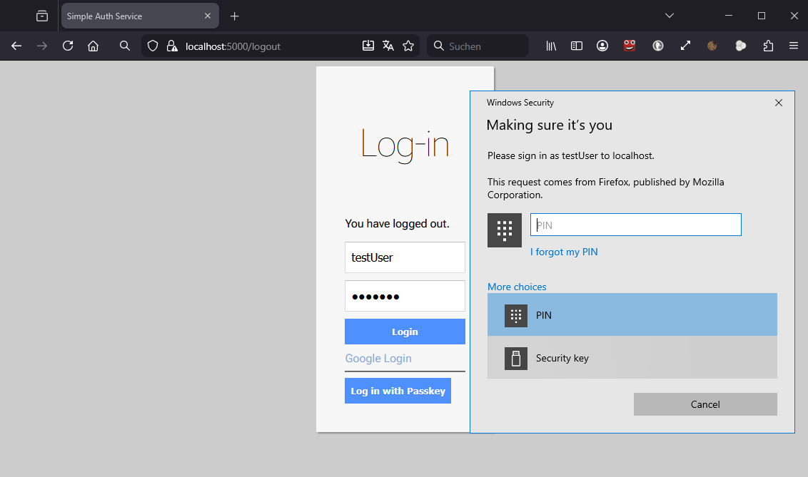 Anmeldung mit Passkey (Windows Hello als Authenticator)
