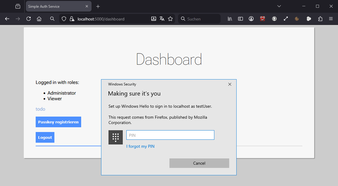 Windows Hello bestätigt als Authenticator die Registrierung eines Passkeys für die WebAuthn-Authentifizierung.