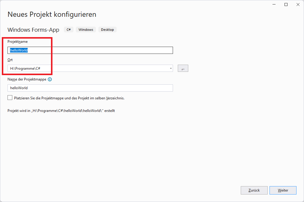 Projektname und -speicherort auf dem Home-Laufwerk angeben