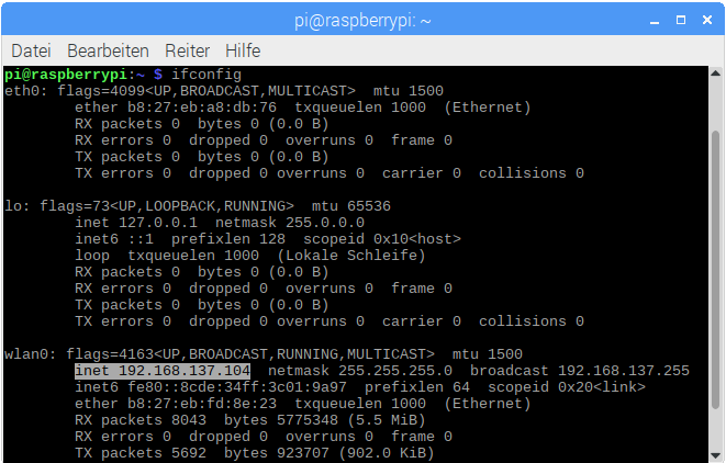 IP-Adresse mit ifconfig festellen