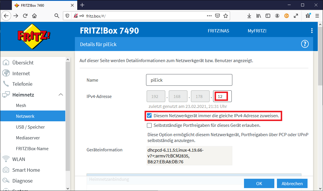 Festlegen einer statischen IP-Adresse