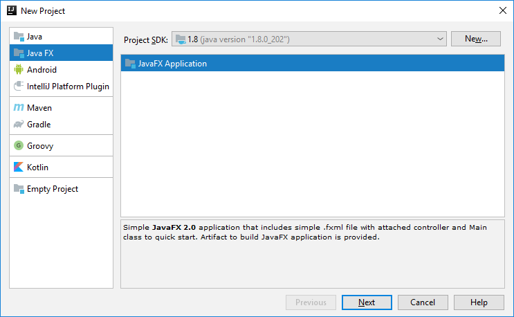Creation of a Java FX project using IntelliJ IDEA
