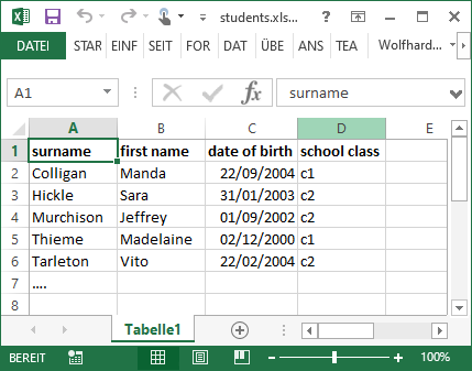 Excel file with student names and school classes
