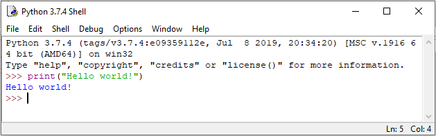 "Hello world!" in Python Shell 