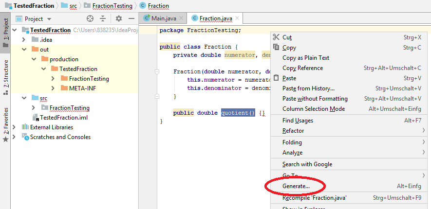 Option of generating an unit test